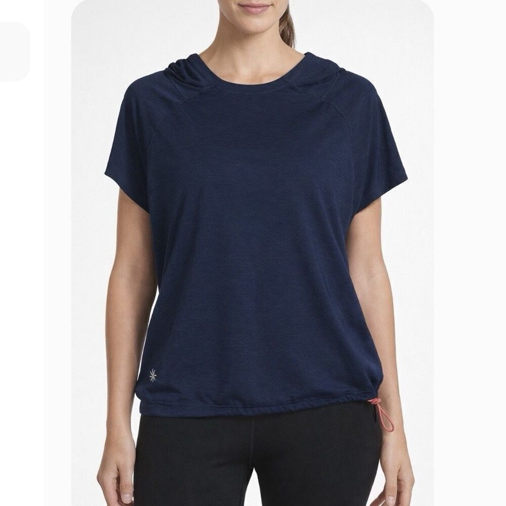 Athleta Navy Blue Hooded Upper Cut Short Sleeve Active Athletic Tee Top Size XS